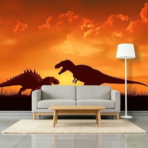 Fotomurales Tejido No Tejido 200 x 140 cm - Papel Pintado Fotográfico Fantasía Prehistórico Animales Dinosaurio Murales Naranja Póster para Niños Juvenil Salón Dormitorio Decoración Del Hogar