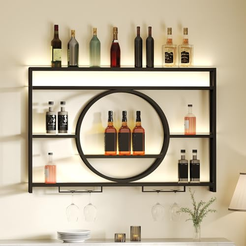 Youyijia Wall Mounted Metal Bar Shelf, Modern Floating Wine Rack with Glass Holder, Industrial Display Stand, 100x80cm (120cm)