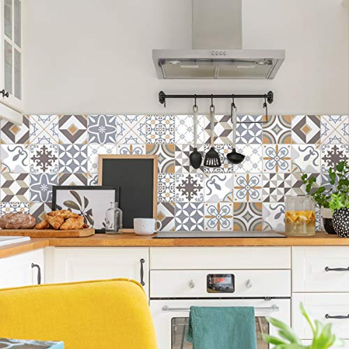 Stickers Carrelage Adhésif 10x10 cm - Sticker Autocollant Carreaux de Ciment – Décoration Murale Stickers Carrelage pour Salle de Bain et Cuisine - Carreaux de Ciment adhésif Mural - 60 pièces | Crédence adhésive cuisine, pose facile, vinyle adhésif, papier adhésif pour meuble, carrelage adhésif mural cuisine, ciment