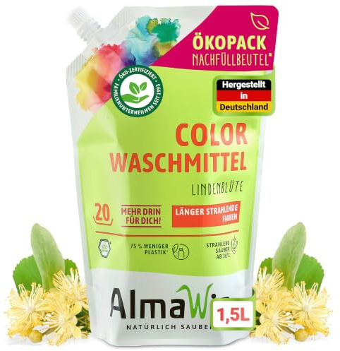 AlmaWin® Color Waschmittel flüssig [1,5L - 20 Ladungen] mit Lindenblüten-Duft für strahlende Reinheit - Öko Waschmittel Color 30-60°C - Flüssigwaschmittel Vegan im Öko-Pack Nachfüllbeutel
