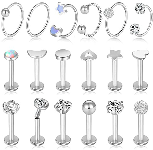 ONESING 18 Pcs 16G Tragus Earrings for Women Piercing Jewelry Cartilage Earring Studs Barbell Lip Stainless Steel