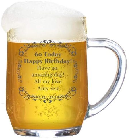 Birsppy Personalised Tankard Glass Stein Engraved 1 Pint Beer Tanker Men Handle Wreath Ornate Frame Gift Box 590 ml