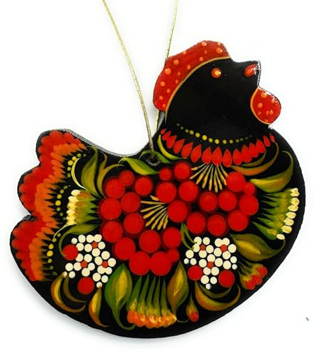 Christbaumschmuck Henne aus Holz mit Blumenmuster Handbemalt 11 x 8,5 x 0,5 cm Kunsthandwerk aus der Ukraine