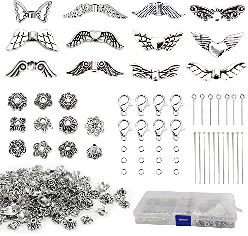 Engelsflügel Basteln Set 500 Stück Engelsflügel Flügel Spacer Perlen Flügel Perlen Metall Perlenkappen Perlenengel zum Basteln Perlenengel Basteln Zubehör mit Karabiner Verschluss