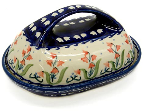 Bunzlauer Keramik Manufaktura Original Bunzlauer Keramik-Butterdose für 250 g oval mit grossem Griff (Dekor Campanula rot)