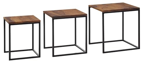 Wohnling Satztisch 3er Set Sheesham Massivholz/Metall Beistelltisch Eckig Modern, Design Couchtisch 3-teilig, Wohnzimmertisch Platzsparend, Holztisch Kaffeetisch Wohnzimmer