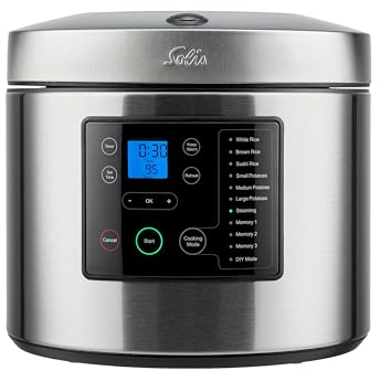 Solis Rice & Potato Cooker, 5 Liter Digitaler Reiskocher & Dampfgarer mit Timer und 3D-Heizsystem, Multikocher für Reis, Kartoffeln, Gemüse & Fisch, Inkl. Löffel, Messbecher und Dämpfeinsatz
