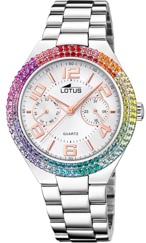 LOTUS Reloj Mujer Analógico de Acero Inoxidable 316l Plateado | Movimiento de Cuarzo Multifunción, Cristal Mineral de Alta Resistencia, Resistente al Agua 5 ATM, Special Prices 18907/1