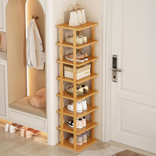 8 Tiers Bamboo Vertical Shoe Rack, Adjustable prefabricated Storage Shelf Shoe Storage Stand, Free Standing Shelf Tower for Entryway,No-Tool Assembly Hallway Shoe Rack Yellow (8 Tiers)
