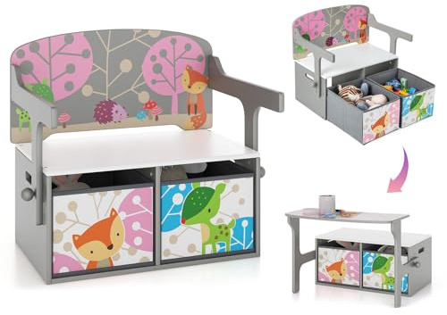 GOPLUS 3 en 1 Mesa y Silla Infantil, Banco de Actividades Convertible con 2 Bandejas de Tela Extraíbles, Baúl de Almacenamiento para Sala de Juegos, Habitación Infantil, Carga 60/10 kg, Gris