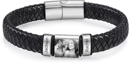 kaululu Personalisiertes Lederarmband mit Foto für Männer Herren Lederarmband Perlen mit Gravur Namen für Papa Ehemann Personalisierter Schmuck Silber Schwarz