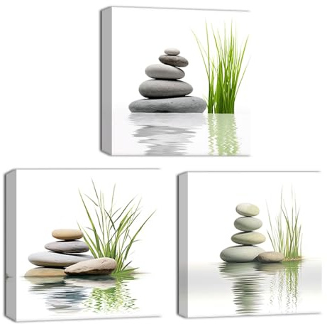 ZQQART 3 Pieces Zen Stone Canvas Wall Art Calm Spa Stones and Green Grass Picture Zen Painting Prints Bathroom Meditation Room Decor(Zen -3,12.00x12.00x3Pcs)