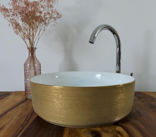 Nero Design Keramik Aufsatz Waschbecken rund 36cm Landhaus Aufsatzwaschbecken Waschschale Bad WC Waschtisch weiß Gold gebürstet