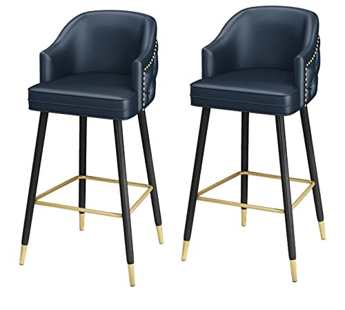 Stühle Barhocker, Moderne Blaue Barhocker 26 Zoll hoch Thekenhöhe Gepolsterte Barstühle aus Leder 2er-Set Barhocker mit Nagelköpfen Goldbesetzte Schwarze Metallbeine Freizeit-Thekenhocker mi
