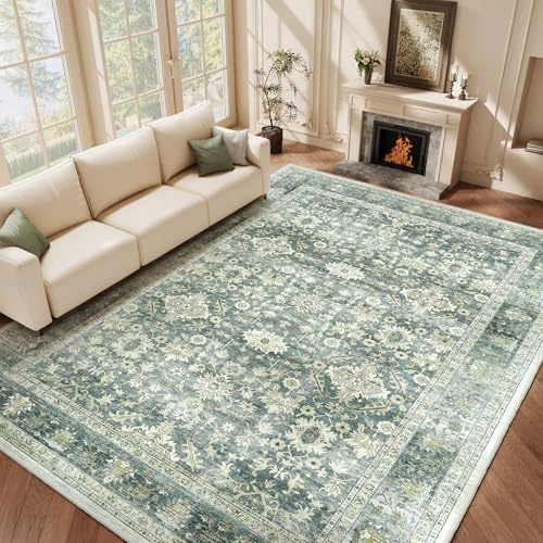 HOMFINE Teppich Wohnzimmer 240x340cm Vintage Waschbar Grün
