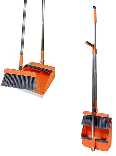 LHNNDM Set di scopa e paletta con denti pettinati Scopa verticale antivento con manico lungo per pulizia domestica e spazzare (arancione)