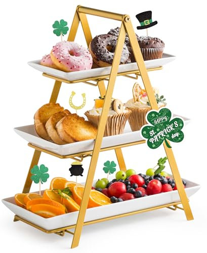 YHOSSEUN Plateau de service à 3 niveaux, support de plateau à étages en porcelaine, plateaux de service et plateaux de service de 25,4 cm + 30,5 cm + 35,6 cm avec support pliable robuste, support de