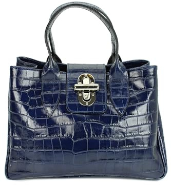 Belli Echt Leder Handtasche italienische Damen Ledertasche Umhängetasche Henkeltasche in dunkelblau lack kroko - 36x25x18 cm (B x H x T)