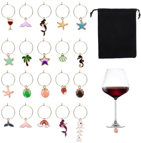 MOLENCO 20 Pcs Wine Glass Charms, Glass Charms, Beach Themed Drink Markers, Wine Tags with a Black Velvet Pouch for Christmas, Birthday, Bachelorette Favors Party Decorations