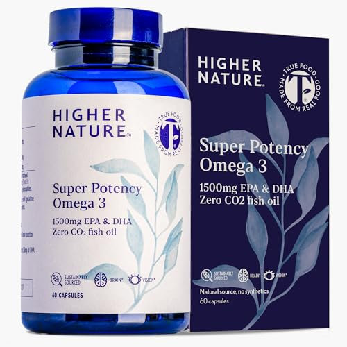 Higher Nature - Omega 3 2000mg with 1000mg EPA & 500mg DHA Per Serving - Super Potency Omega 3 True Food® Formula Fish Oil Supplement - Supports Eye, Brain & Heart Health - 60 Capsules
