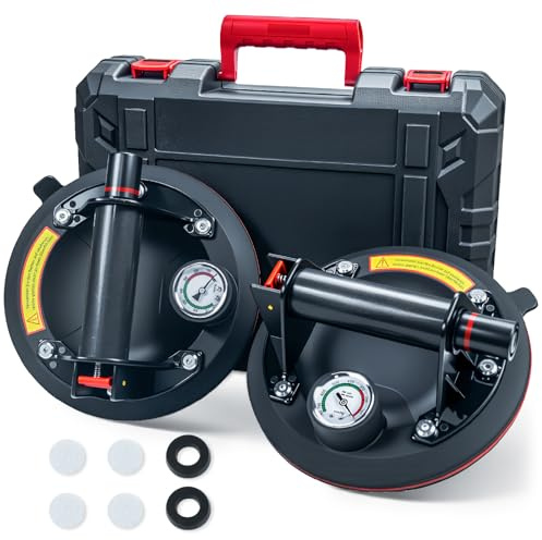 2er-Set Saugheber Glassauger mit Manometer für Glas,Fliesen,Max.220KG | Vakuum Saugheber Fliesen mit Tragbarer Werkzeugkasten,Manometer,zweilagigem Gummi,Starke Saugkraft,Einfache Bedienung