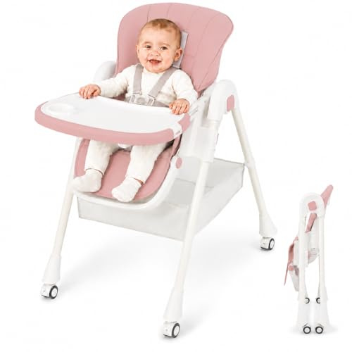 Trona Evolutiva Bebé Portátil Rosa Silla Comer Reclinable - Espreguiçadeira | Hasta 50 kg - Altura y reclinado ajustables - Reposapiés elevable - Arnés de 5 puntos - Plegado compacto - Rosa