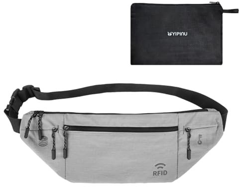 Travel Money Belt for Men and Women hidden slim passport holder - travel wallet with RFID blocking under clothes to protect Cash, Credit Cards and Documents (GRAY)