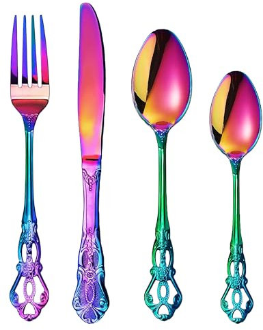 SHEUMNT Retro Rose Rainbow Silverware Set for 6, Gorgeous 24 Pieces Stainless Steel Flatware Set, Service for 6, Utensil Set Fork Spoon Knife, Antique Baroque Cutlery Set