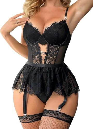 Metsitlife Women Lingerie Set Sexy Eyelash Lace Bodysuit with Garter Belt Removeable Skirt Teddy Babydoll Lingerie Black L