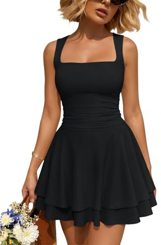 Trendy Queen Womens Mini 2026 Summer Spring Party Cruise Beach Vacation Clothes Outfit Athletic Resort Wear Date Night Teen Cute Flowy Sun Sundress Ruched Birthday Homecoming Short Dress Black
