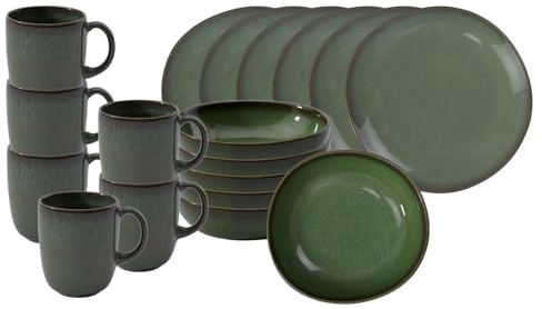 like. by Villeroy & Boch Lave Vert Set petit-déjeuner 18 pièces, tasses à café (400 ml) Bols à céréales (600 ml) Assiettes à petit-déjeuner (23 cm) pour 6 personnes, faïence, vert