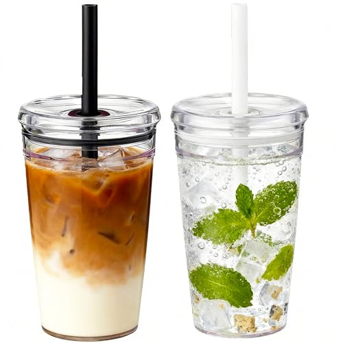 Yisituo 2 Pack 450ml Clear Plastic Iced Coffee Travel Cups, Reusable with Lids and Straws, for Cold Hot Beverages (2, Black, White)