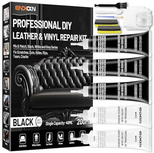 Endhokn Black Leather Repair Kit, 3 Black 2 White Vinyl Repair Kit Fix Scratches Cuts Rips Holes Tears Cracks Leather Filler for Car Seats, Sofa, Jacket, Bags, Purse, Belts, Furniture