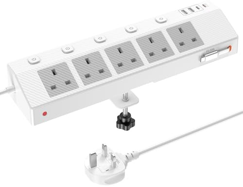 Desk Extension Lead 1.8M, STGAROT PD 30W Power Strip with Retractable USB C Cable, 5 Way Power Socket with 3 USB C Port, 2 USB A Port, Desktop Plug Socket with Removable Clamp for Office Accessories
