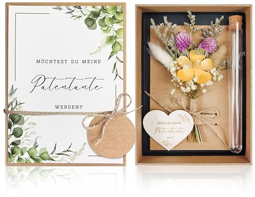 Dercylele Möchtest Du Meine Patentante Werden Patentante Fragen Geschenk Set Echtem Trockenblumenstrau,Herzförmiges Holzschild,Transparente Reagenzgläser Taufpaten Fragen Geschenkbox