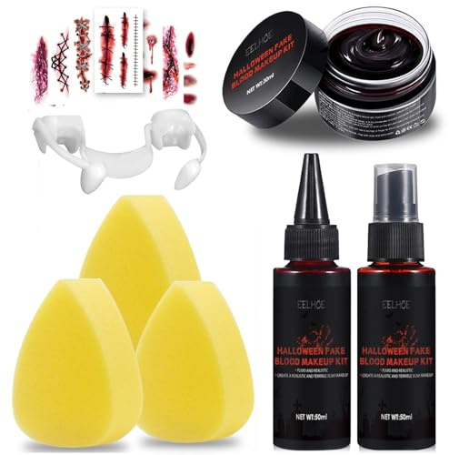 Konstblod Halloween set om 12 st: Geronad blodplasma + artificiellt blodspray vampyrtänder + Halloween-sårplåster och svamp för hudkläder, vampyr, zombie, odöd