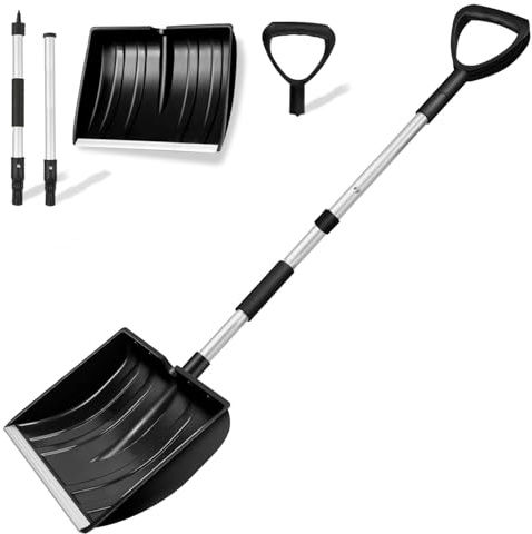 Qcdou - Pala de nieve grande para jardín, gran capacidad de 40 cm, para coche con asa en D y asa cómoda para coche, maletero, camping, playa, jardín, exterior, negro