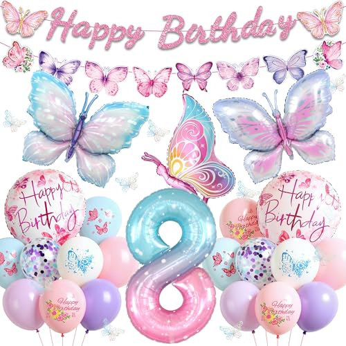 Tasoraor Schmetterling Deko Geburtstag 8 Jahre Mädchen - 46 Stück Geburtstagsdeko Luftballons Girlande und Folienballon, Rosa Schmetterlinge Ballons für 8. Kindergeburtstag Dekoration
