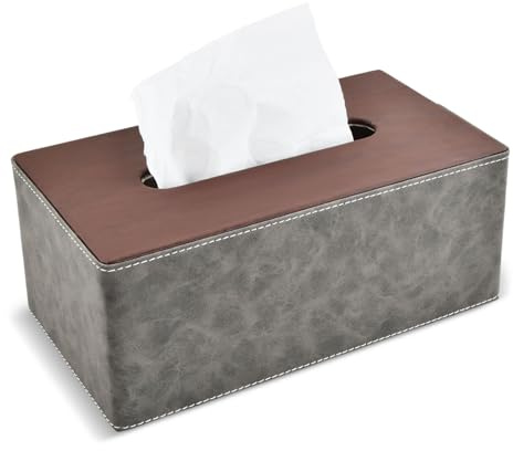Rektangulär PU-lädernäsdukslåda, 25 × 14 × 10,5 cm, dekorativ näsdukdispenser, handdukshållare för hem, badrum, vardagsrum, sovrum, kontor och bil, grå