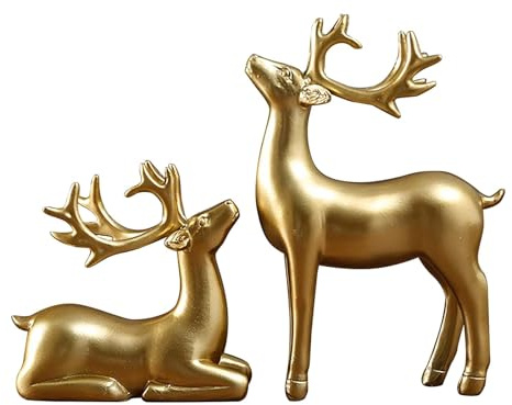 Rentier Deko Weihnachten, Weihnachtsdeko Hirsch Figuren Set 2er, Weihnachtsrentier Statue aus Harz, Rentier Deko Figur für Wohnzimmer Tisch Regal Büro Weihnachtsdekoration Innen Weihnachten,Gold