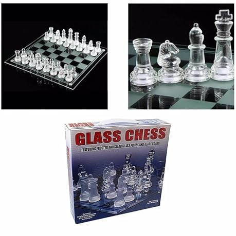 Glass Chess Set with Traditional Board Game – 32 Pieces, 22 x 22cm Playing Surface, Clear & Frosted Glass, Elegant Strategy Game for Home, Travel & Gifts