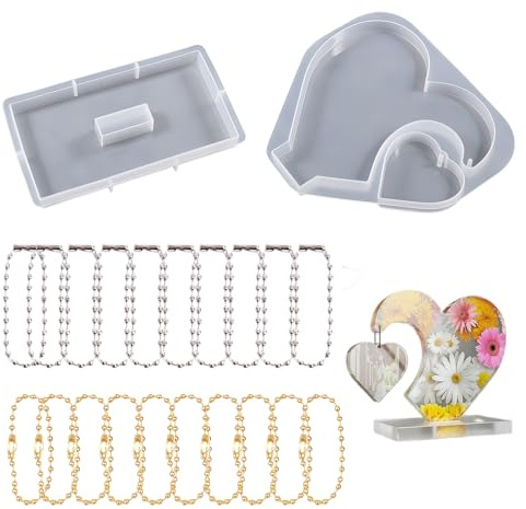 MFCGHXR Stampi per Resina Epossidica Cuore, 1 Stampino per Foto Cuore con Supporto in Silicone, 20 Catene in Oro e Argento per Decorazioni DIY, Regali Creativi per Matrimonio e Occasione Speciale