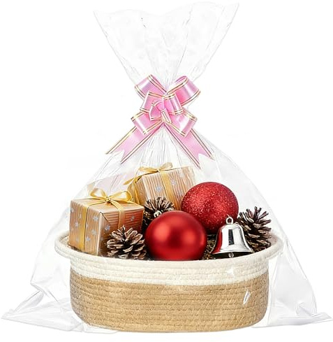 Cestino Regalo Vuoto,Cestino Intrecciato per Regali con Sacchetti Regalo e Nastri,Cesto Regalo Corda di Cotone Cesti con Manici, per Baby Shower, Compleanno, Matrimonio, Ringraziamento, Natale