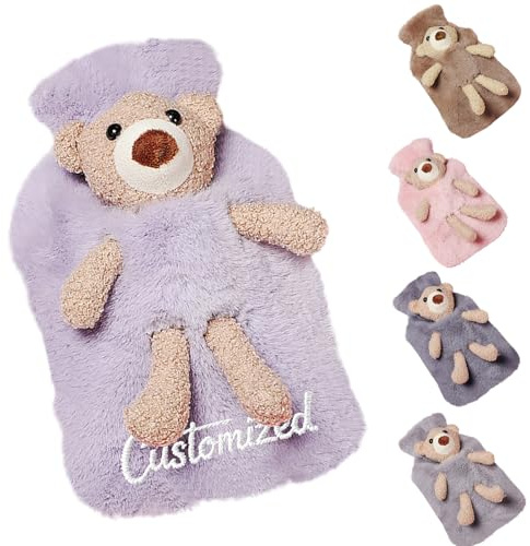 Personalisiertes Sticknamen-Wärmekissen,1000ml Kuschelbar-Wärmflasche mit abnehmbarem Plüschüberzug, winterlicher Cartoon-Bär Design, wiederbefüllbar,perfekt zum Hände & Körper Wärmen (Lila)