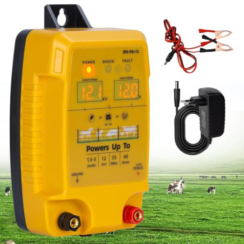 12V Electric Fence Energiser with Dual Led Display, Waterproof Electric Fence Tester Insulators, Range 10 Km, Electric Fence Device for Cattle, Sheep, Poultry, and Livestock, 1.5 Joule Output