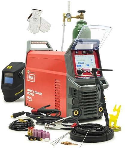 IDEAL Expert TIG 222 AC/DC WIG svetsmaskin XXL-set – inkl. automatisk hjälm A20, gaslins-kit, magnethållare, argonflaska och tillbehör – 200 A aluminiuminverter, PFC, puls, LCD – premiumpaket