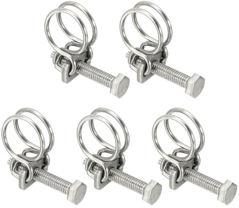 sourcing map 5 Pcs Double Wire Hose Clips 15-18 mm 201 Stainless Steel Adjustable Wire Pipe Tube Clamps with M6 Screw Plumbing Joint Fastener for Dust Collection Pool Pond, Silver