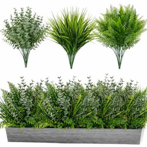 18PCS Artificial Greenery Plants, Mixed Fake Outdoor Plants with Grass, Eucalyptus and Rosemary Style Stems, Faux Greenery Foliage Bushes for Garden Planters (Eucalyptus and Boston Fern Stems)