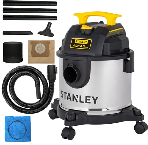STANLEY 4 Gallon Wet Dry Vacuum, 4 Peak HP Stainless Steel 3 in 1 Shop Vacuum Blower with Powerful Suction, Vacuum for Job Site, Garage, Basement, Workshop, Top Handle, Portable Wet Dry Vac SL18301-4B