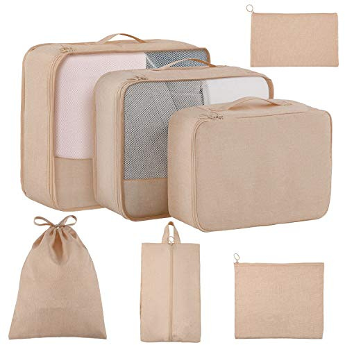 Packing Cubes for Suitcases 7 Set, Luggage Packing Organizers with Shoe Bag and Toiletry Bag (Beige)